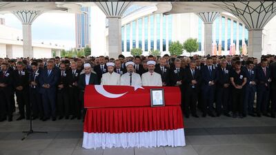 The coffin of Turkish diplomat Osman Kose during his funeral ceremony in Ankara, Turkey, 18 July 2019. EPA