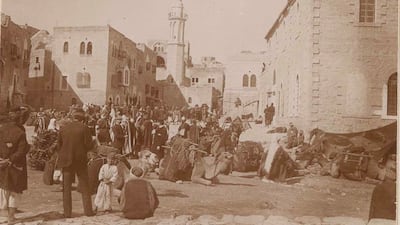 A caravan arrives at Bethlehem, Palestine, 1898
