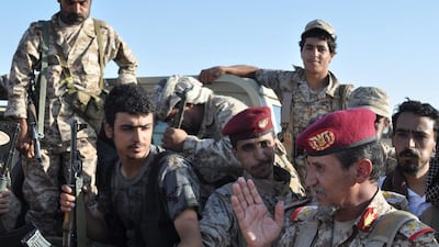 Yemeni General Abd al-Rab Qassim al-Shadadi speaks to his troops at a UAE military base near Saffer, Yemen on Monday. As fighting rages on in Yemen, troops from the UAE that are part of a Saudi-led coalition battling Shiite rebels are pushing toward the country’s rebel-held capital, Sanaa. Adam Schreck / AP