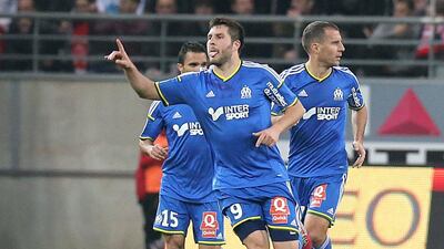 Marseille forward Andre Pierre-Gignac reacts after equalising against Reims on Friday night. Francois Nascimbeni / AFP/ March 14, 2014