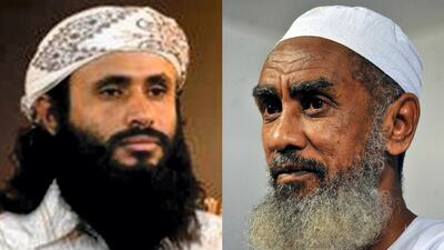 A composite image of Saad bin Atef Al Awlaki, head of the Al Qaeda's operations in Yemen’s Shabwah province, on the left and Ibrahim Ahmed Al Qosi who assists Al Qaeda's overall leaders in Yemen on the right. US Rewards for Justice, HO