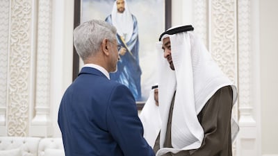 President Sheikh Mohamed greets Dr Subrahmanyam Jaishankar, Minister of External Affairs of India, before a meeting in Abu Dhabi. Photo: UAE Presidential Court