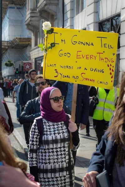 Rouba Mhaissen at a demonstration in London. 'I never knew this would be my career,' she says, 'I thought I was going to be an academic.' Photo: Rouba Mhaissen