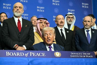 US President Donald Trump speaks at the inaugural meeting of the Board of Peace in Washington. AFP