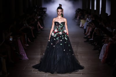 Butterflies, scattered across a gown, were a recurring motif of the Zuhair Murad Haute Couture autumn/winter 2026-2027 collection. AFP