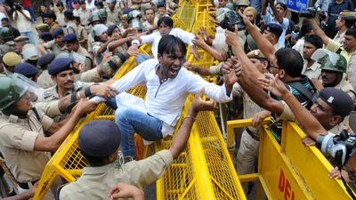 A protest near the Pakistan High Commission in New Delhi following the Dinanagar militant attack and Pakistani scientist Abdul Qadeer Khan's alleged remarks against the former Indian president APJ Abdul Kalam. EPA