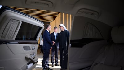 Sheikh Khaled bin Mohamed, Crown Prince of Abu Dhabi, bids farewell to President Macron. Omar Al Askar / UAE Presidential Court
