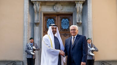 BERLIN, GERMANY - September 10, 2026: HH Sheikh Mohamed bin Zayed Al Nahyan, President of the United Arab Emirates (L), is received by HE Frank-Walter Steinmeier, President of Germany (R), during a state visit reception at Villa Borsig. ( Ryan Carter / UAE Presidential Court ) ---
