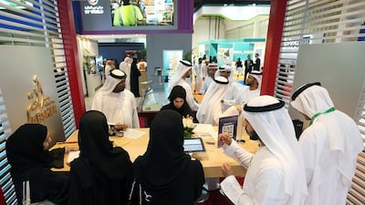 Emiratis at a job fair this year. Despite last year being named the year of Emiratisation targets are not being met. Satish Kumar / The National