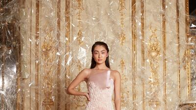 A classic column gown with a fiendishly difficult folded neckline