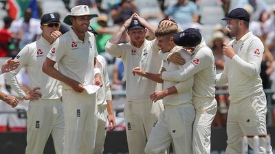 England celebrate the wicket of Pieter Malan. AP