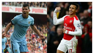 Sergio Aguero, left, has scored 14 Premier League goals this season, while Alexis Sanchez, right, has 12. Shaun Botterill / Clive Rose / Getty
