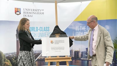 DUBAI, UNITED ARAB EMIRATES - Feb 27, 2018. Professor Sir David Eastwood, University of Birmingham Vice-Chancellor, unveils the plaque at the opening of the Dubai campus of The University of Birmingham. (Photo: Reem Mohammed/ The National) Reporter: Rpberta Pennington Section: NA