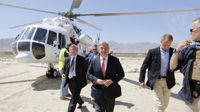Secretary-General António Guterres (centre) arrives in the outskirts of Kabul to meet with with some of the 800,000 Afghans displaced by conflict in the last 18 months, as part of his one-day visit to the country's capital.