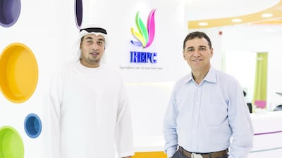 Sheikh Hamad bin Abdulaziz Al Mualla, co-founder of Royal European Pediatric Clinic, with chief medical officer Dr Antonio Martins. Reem Mohammed / The National