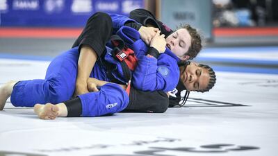 Gabrieli Pessanha from Brazil, defeats Kendall Reusing from USA at the Abu Dhabi Grand Slam championship in jiu-jitsu taking place in the Mubadala Arena