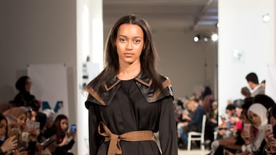 A model wearing Emirati fashion designer Sara Al Madani on the runway at Modest Fashion Week in London / Courtesy London Modest Fashion Week