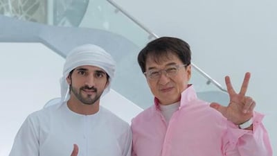 Sheikh Hamdan bin Mohammed, the Crown Prince of Dubai, with actor Jackie Chan, who has been in the UAE shooting 'Vanguard'. Instagram / Faz 3