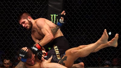 Khabib Nurmagomedov of Russia defeated American Dustin Poirier during the UFC 242 event at Yas Island in 2019. Getty Images