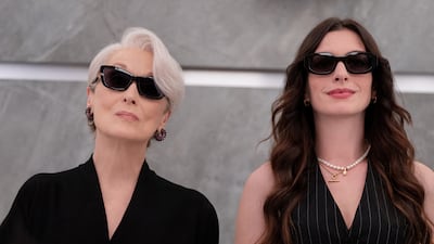 Meryl Streep, left, returns as Miranda Priestly alongside Anne Hathaway as Andy Sachs in The Devil Wears Prada 2. Photo: 20th Century Studios