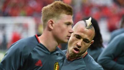 Belgium midfielders Radja Nainggolan, right, and Kevin De Bruyne warm up. Philippe Huguen / AFP