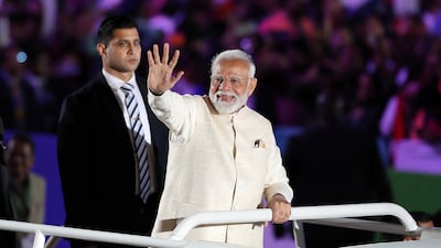 Narendra Modi, Prime Minister of India, after his speech during the Ahlan Modi event at Zayed Sports City in Abu Dhabi on February 13. All photos: Pawan Singh / The National