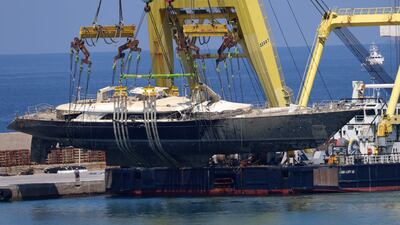 The wreck of the Bayesian is raised from the sea off Sicily. The superyacht, owned by British tech entrepreneur Mike Lynch, sank in August 2024 off Porticello, near Palermo. Seven people, including Mr Lynch and his teenage daughter, died. AFP