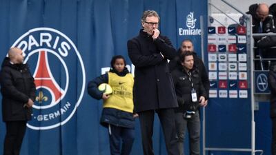 Paris Saint-Germain coach Laurent Blanc observes his side during their Ligue 1 match against Montpellier on Saturday. Christophe Petit Tesson / EPA