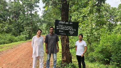 Sandeep Saxena, left, welcomes forestry experts for a tour of Aranyaani, the food forest he has created in the central Indian state of Madhya Pradesh. Taniya Dutta for The National