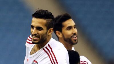 UAE's Ali Mabkhout celebrates after scoring one of his two goals to send the UAE past Iraq and into the semi-finals at the King Fahad stadium in Riyadh on November 20, 2014. AFP PHOTO