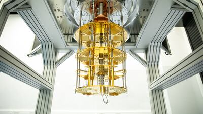 The quantum chandelier, so-called for its resemblance to the light fixture, has looping microwave communication cables that enable other computers to interact with the quantum chip within.