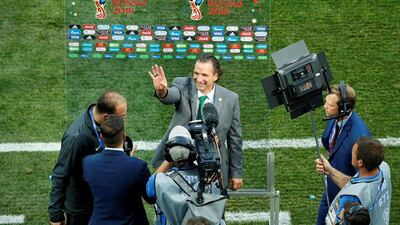Saudi Arabia coach Juan Antonio Pizzi talks with the media after the match. Jason Cairnduff / Reuters