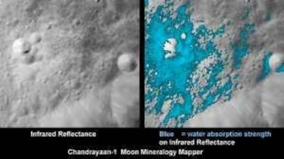 Images from Nasa's Moon Mineralogy Mapper aboard India's Chandrayaan-1 lunar orbiter shows parts of the Moon's surface that absord a very specific colour of light identified previously only with water.