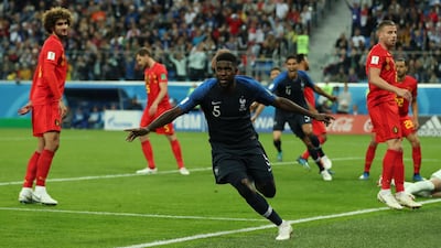 France's Samuel Umtiti celebrates opening the scoring. Reuters