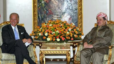 US Vice President Joe Biden meets with Kurdish regional president Massoud Barzani in Arbil on September 17, 2009. Biden held talks in the Kurdish regional capital of Arbil to push Iraqi leaders for progress on stalled legislation ahead of parliamentary elections in January. AFP