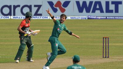Pakistan's Shaheen Shah Afridi successfully appeals for an lbw against Bangladesh's Saif Hassan. AFP