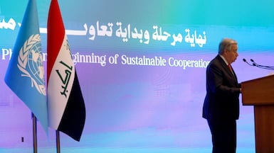 UN Secretary General Antonio Guterres addresses a ceremony marking the end of the UN Assistance Mission in Iraq at the Government Palace in Baghdad's Green Zone on December 13, 2025. AFP