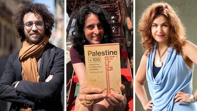 From left: Booker Prize nominee Mazen Mahrouf, whose work is featured in the anthology, ‘Palestine+100’ editor Basma Ghalayini and Selma Dabbagh, who has contributed a short story.