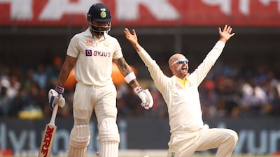 INDORE, INDIA - MARCH 01: Nathan Lyon of Australia appeals unsuccessfully for the wicket of KS Bharat of India during day one of the Third Test match in the series between India and Australia at Holkare Cricket Stadium on March 01, 2023 in Indore, India. (Photo by Robert Cianflone / Getty Images)