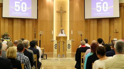 Sheikh Nahyan bin Mubarak Al Nahyan, Minister of Tolerance ( center ) speaking during the celebration as part of the 50th anniversary of the St Andrew’s Church in Abu Dhabi. ( Pawan Singh / The National