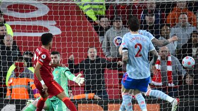 Luis Diaz scores the first goal past David de Gea. EPA