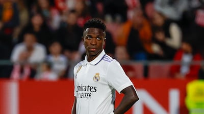 Real Madrid's Vinicius Junior reacts after Girona's Taty Castellanos scored his side's third goal. AP Photo