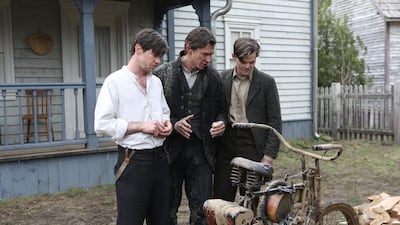 Bug Hall, Michiel Huisman and Robert Aramayo in the Discovery Channel drama Harley and the Davidsons. Courtesy Discovery Channel
