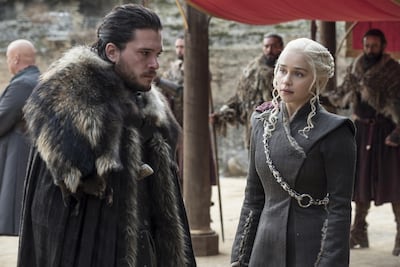 Kit Harington, left, and Emilia Clarke on the season finale of Game of Thrones last year. The series set yet another audience record Sunday with its seventh-season finale. Nielsen says an all-time high of 12.1 million viewers were tuned in to the wildly popular fantasy drama. AP