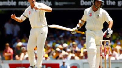 Andrew Flintoff celebrates dismissing Justin Langer during the first Ashes Test at the Gabba, Brisbane in Nov 2006.