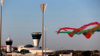 The Emirates Knights team decorates the Yas Marina Circuit before the Formula One race begins. Jorge Ferrari / Wam