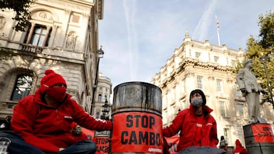 The 'Stop Cambo' message is made clear on an oil drum. AFP