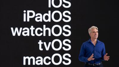 In this photo provided by Apple Inc., senior vice president of Software Engineering Craig Federighi speaks during the 2020 Apple Worldwide Developers Conference, in Cupertino, Calif. AP