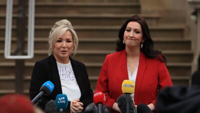 Northern Ireland's First Minister Michelle O'Neill, left, and Deputy First Minister Emma Little-Pengelly talk to the media at Stormont Castle, Belfast, following the restoration of the region's power-sharing executive. PA Wire