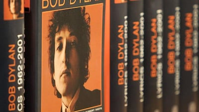 ‘Bob Dylan, Lyrics 1962-2001’ awaits future sales at this year’s Frankfurt Book Fair, Germany, after the US musician waw awarded the 2016 Nobel Prize for Literature. AFP Photo / Amelie Querfurth